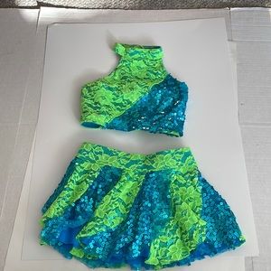 LAST CHANCE! Green lace turquoise sequins 2 price dance costume adult XS